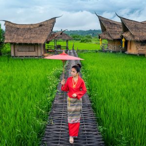 Asian Women Wearing Thai Dress Costume Traditional According Tha