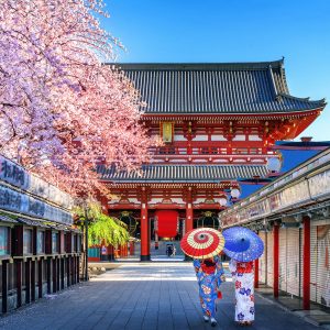 Asian Woman Wearing Japanese Traditional Kimono At Temple In Tok