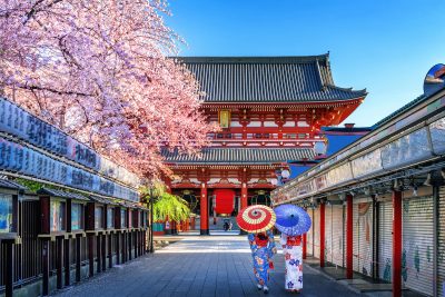 Asian Woman Wearing Japanese Traditional Kimono At Temple In Tok