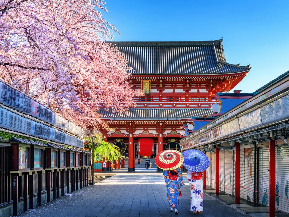 Asian Woman Wearing Japanese Traditional Kimono At Temple In Tok